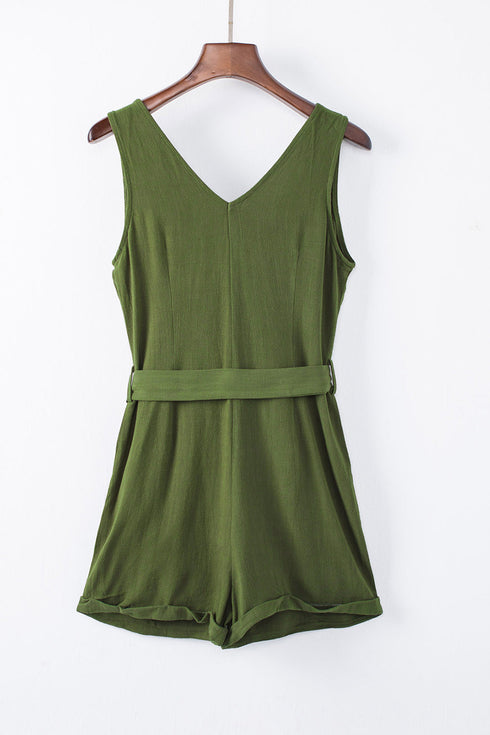 Button V Neck Romper With Belt